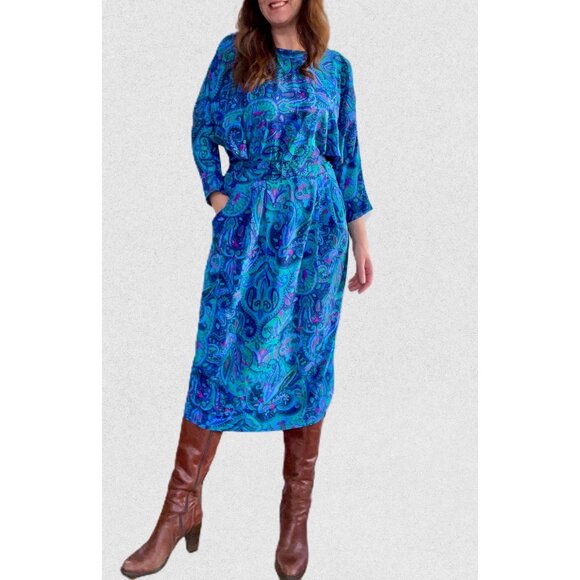 1980s Maxi Dress, Size L, Paisley Belted Dress by Van Ultra, 80s Dress for Work - Picture 1 of 10